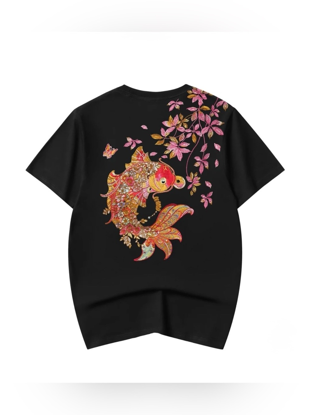 Niepce Black Short-Sleeve Tee with Pink & Gold Koi Fish Motif (E-T522)